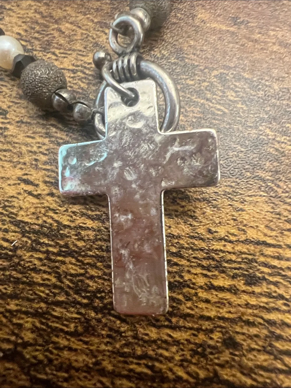 Classic Sterling Silver Pearl and Black Bead Cross Pendant Necklace